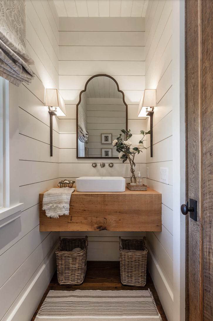 small bathroom with shiplap walls make your space look larger