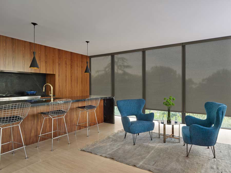 black woven shades on floor to ceiling windows in Houston TX