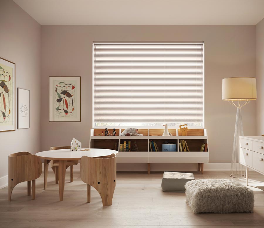 playroom with cordless mini blinds