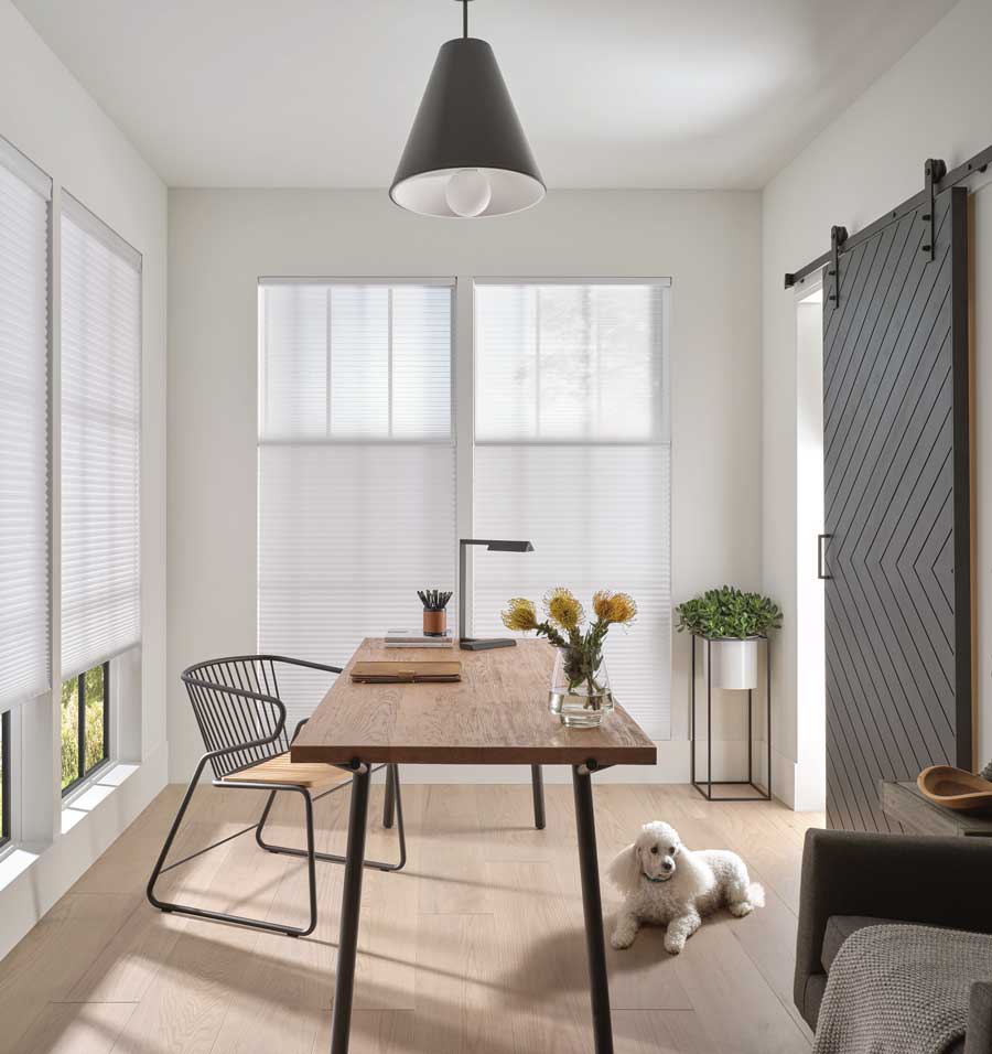 Light-filtering Duette honeycomb shades reducing screen glare in a home office