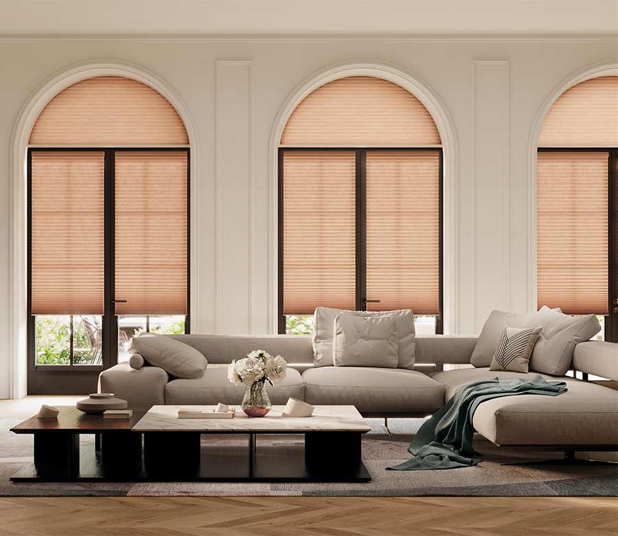 specialty shape window blinds peach colored shades