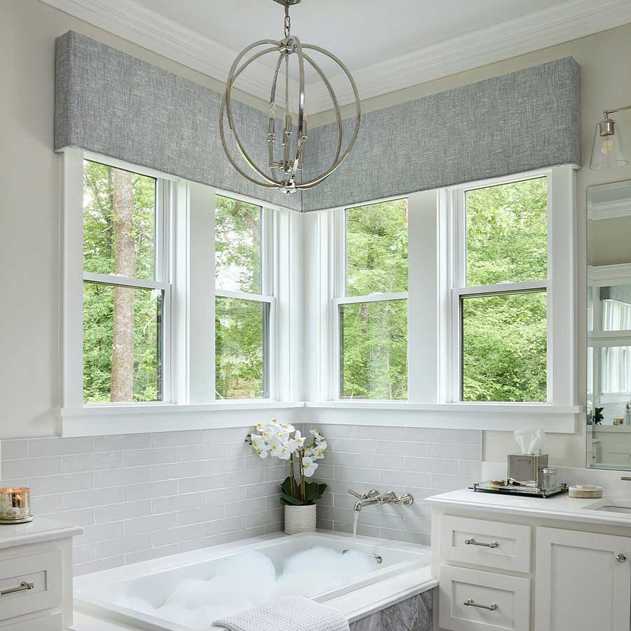bathroom windows with gray cornices