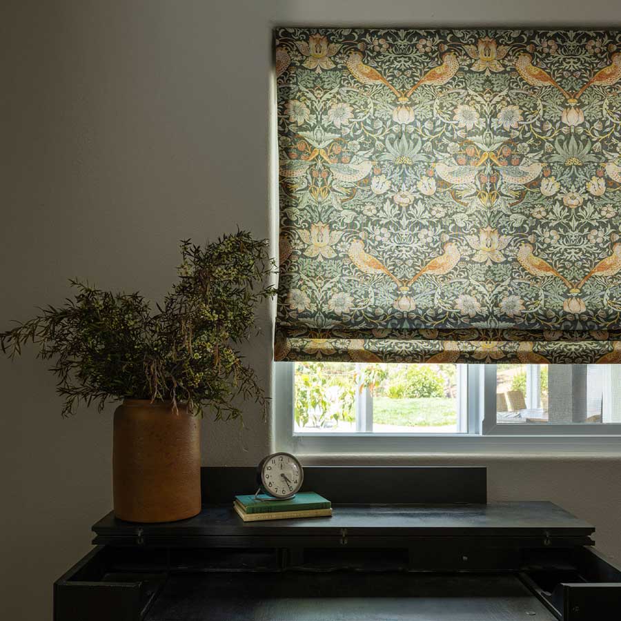 roman shades with botanical theme in TX home office