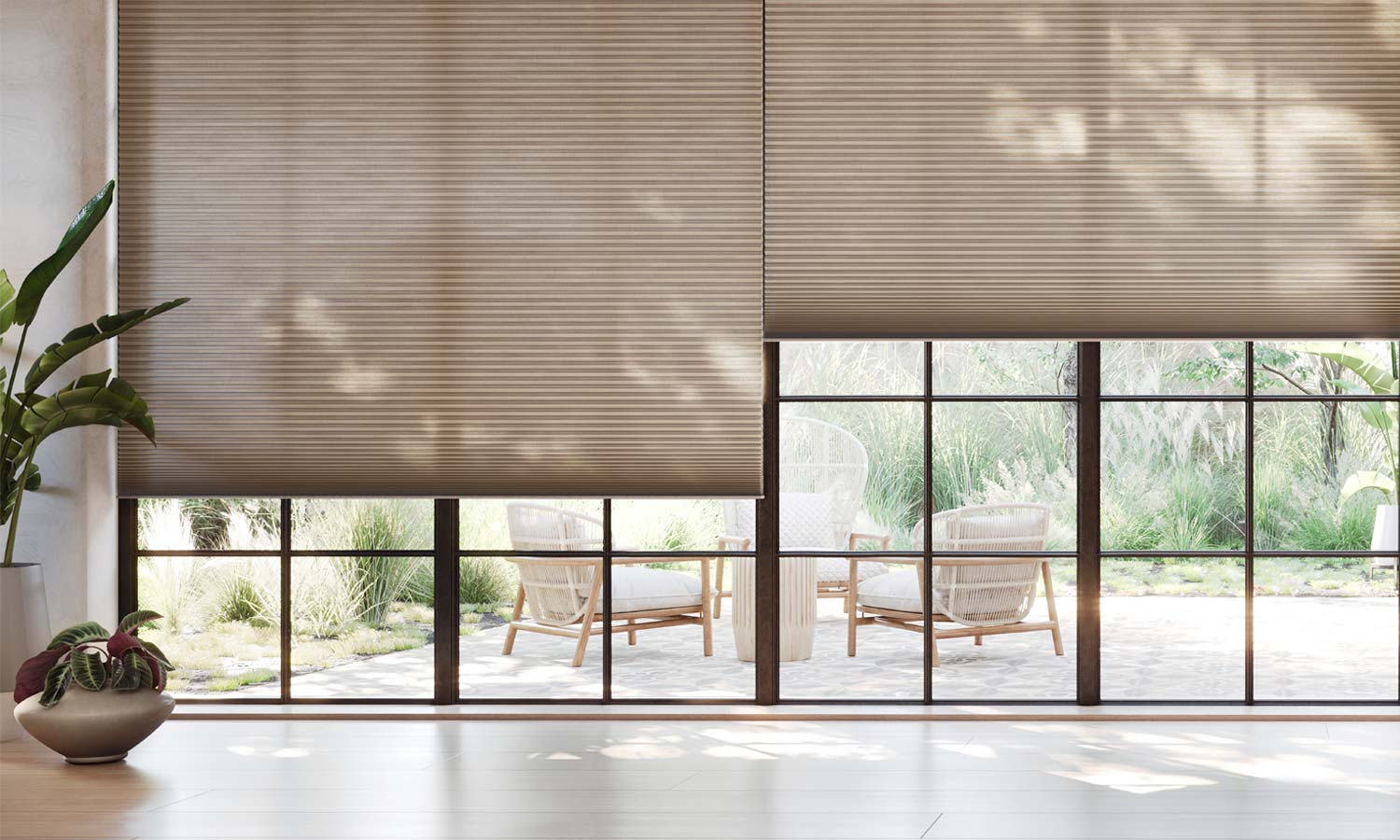 home office with tall windows covered with luminette sheer shades by Creative Blinds