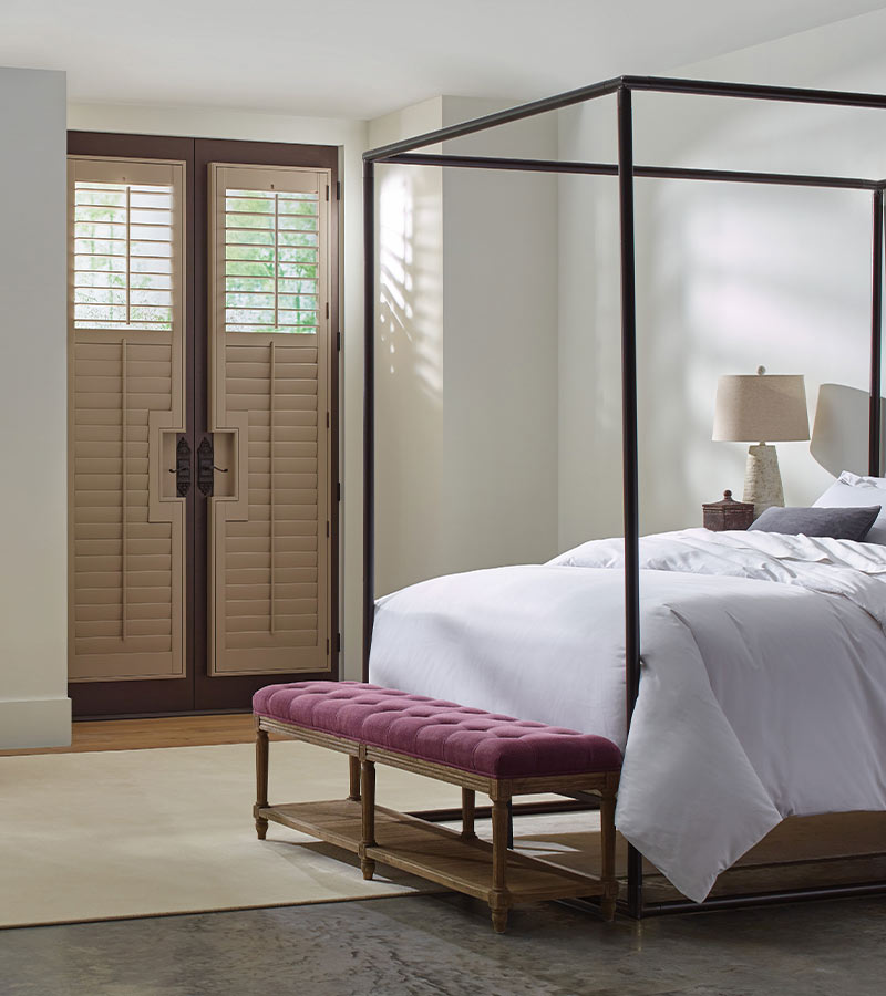 bedroom patio doors with brown Horizontal shutters for Sliding Glass Doors