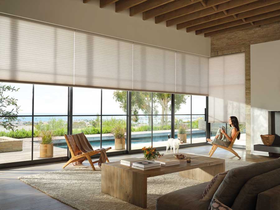 living room with large floor to ceiling cellular shades that are smart shades