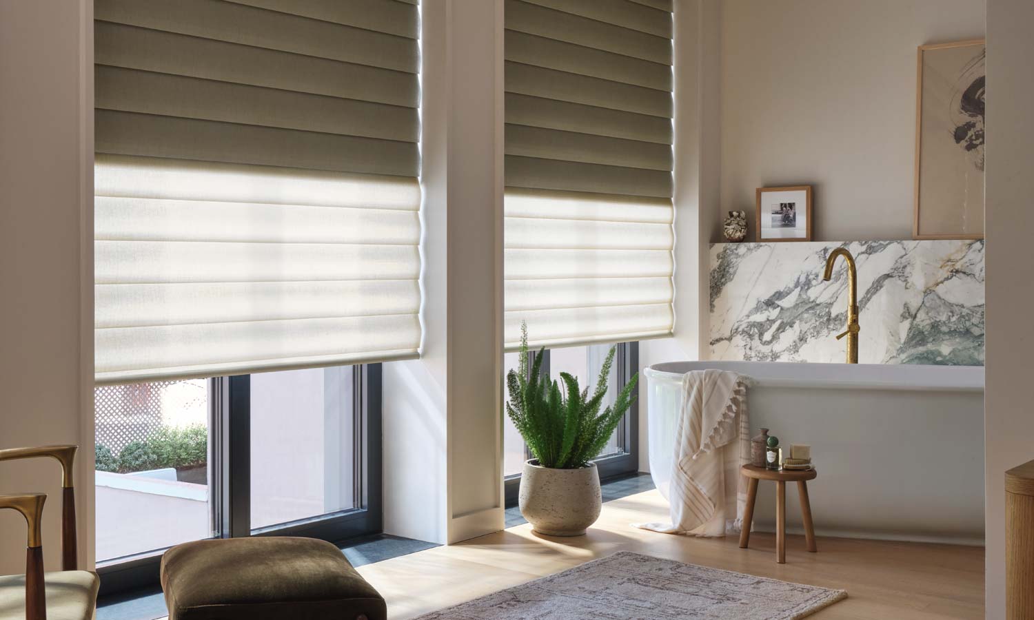 home office with tall windows covered with luminette sheer shades by Creative Blinds