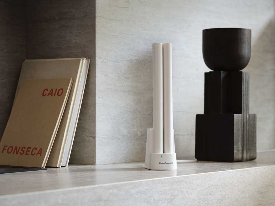 close up of a rechargeable wand and battery back on shelf with decor