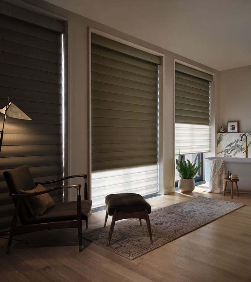green pirouette window shades in living room with creative blinds