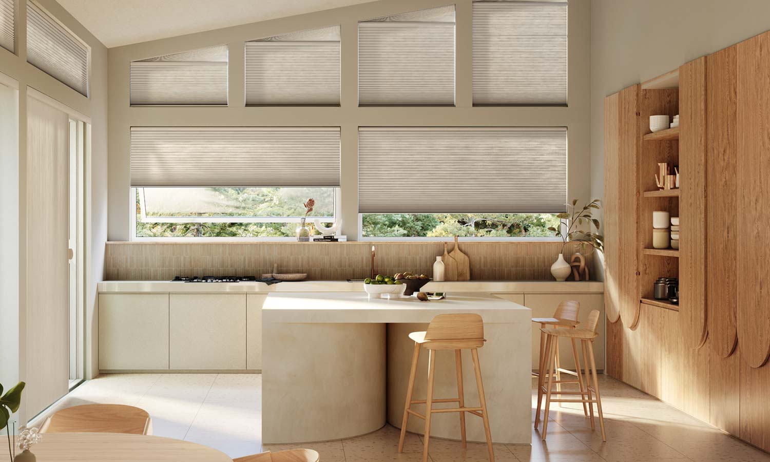 home office with tall windows covered with luminette sheer shades by Creative Blinds