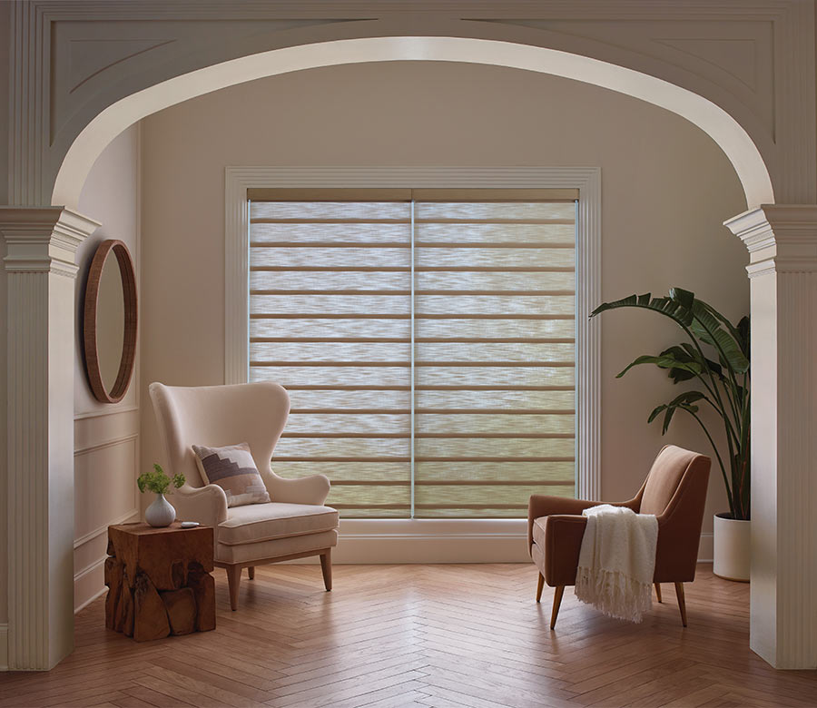 vignette-sheer-roman-shades-hunter-douglas-creative-blinds soft fabric Roman Shades filtering natural light