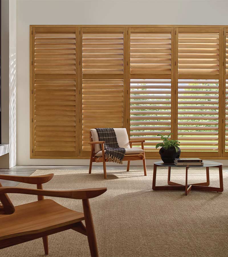 wood shutters for large window in living room energy efficient