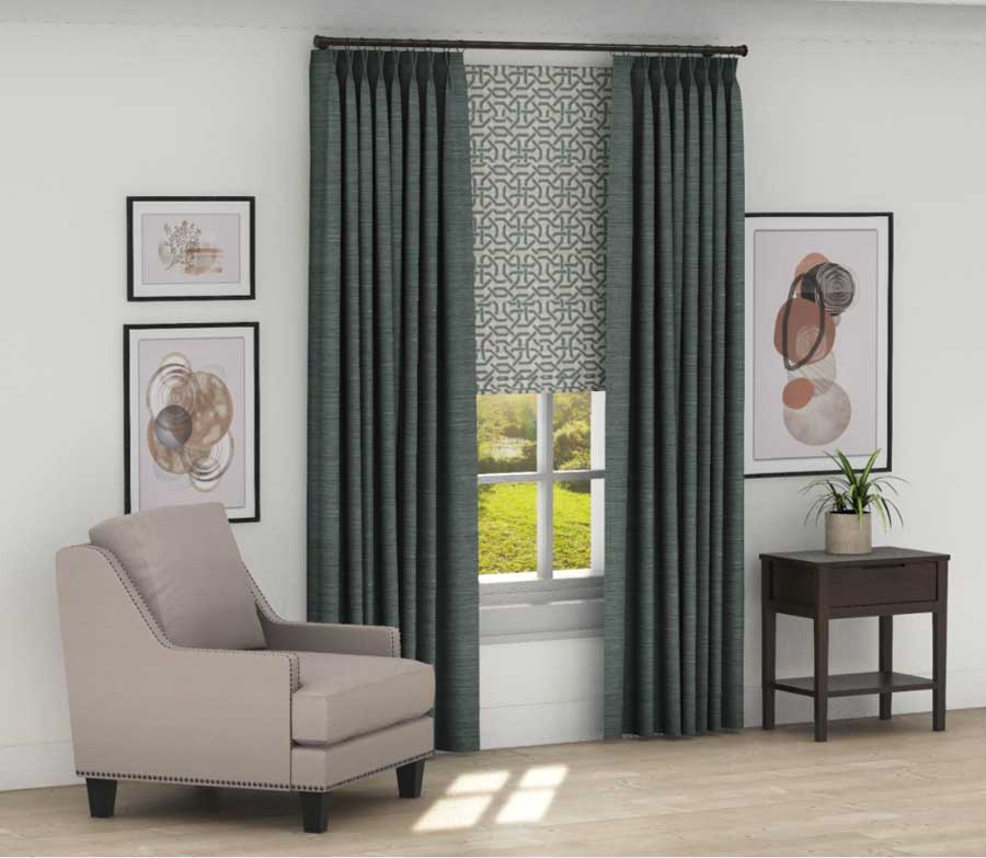 pinch pleat drapery in green tones with patterned roman shades in Living Room