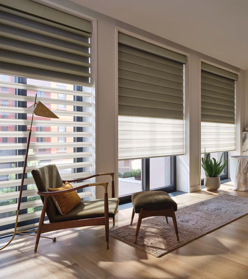 Green custom window shades for large windows in living room
