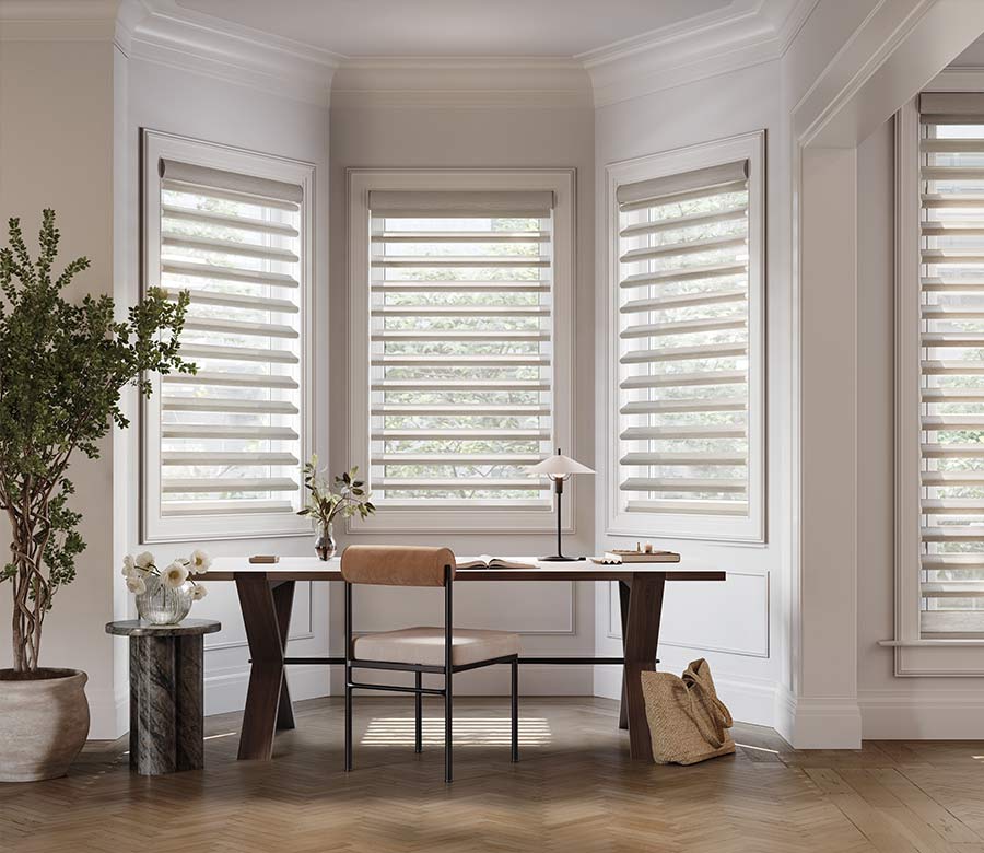 pirouette-window-treatments-home-office-space-hunter-douglas-creative-blinds home office with custom pirouette window treatments