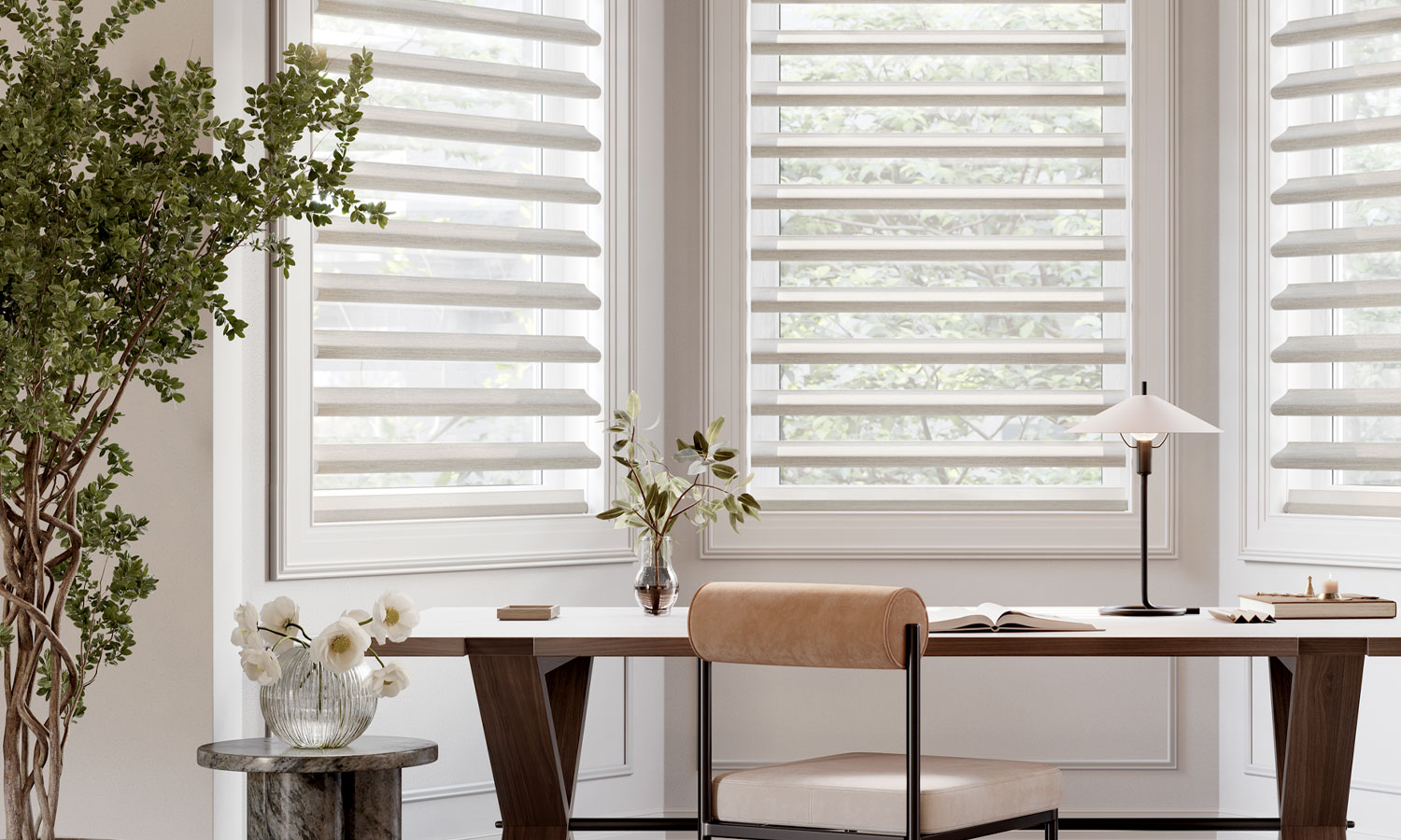 white and gray living room with custom window treatments from Creative Blinds in Houston