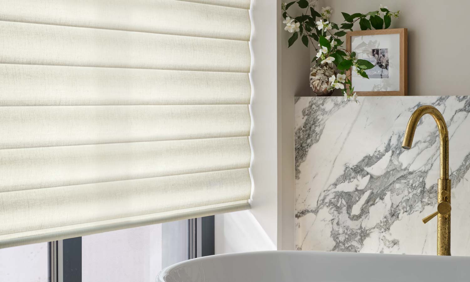 home office with tall windows covered with luminette sheer shades by Creative Blinds