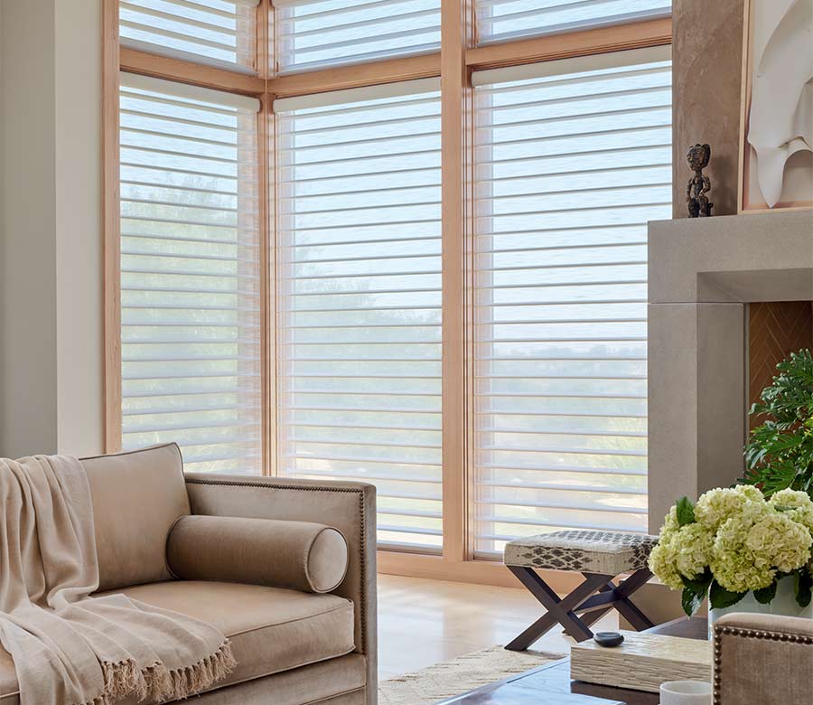 Hunter Douglas Silhouette window shades in living room, covering corner windows and softly diffusing natural light near a modern fireplace