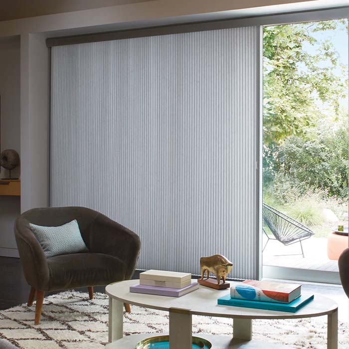 duette vertical cellular shades on sliding glass door to filter light and insulate the glass