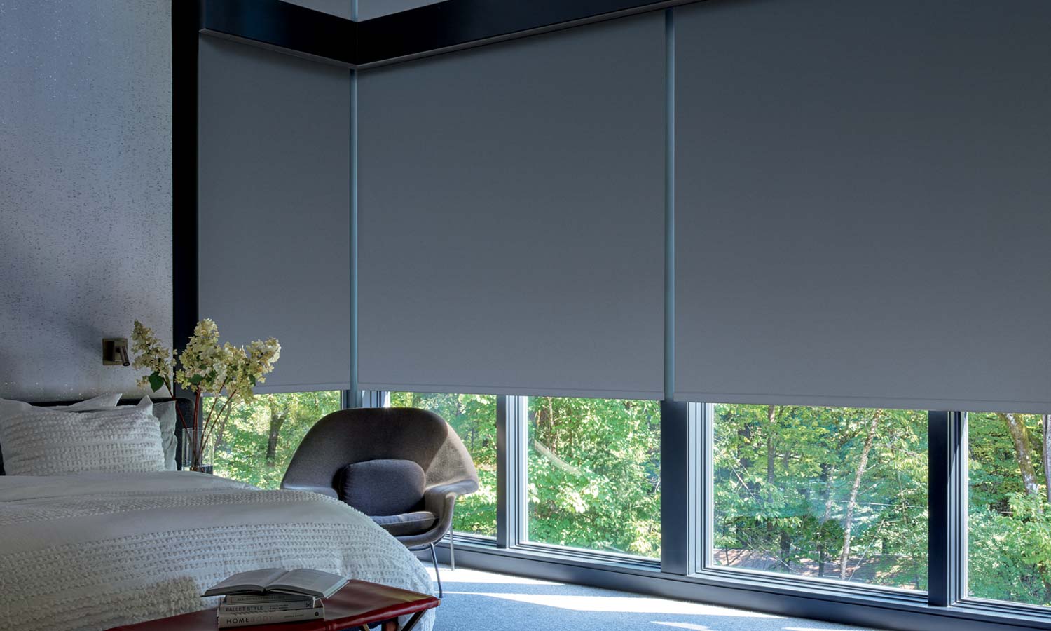home office with tall windows covered with luminette sheer shades by Creative Blinds