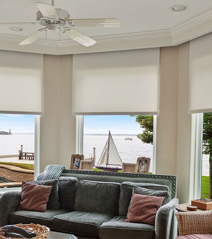 Hunter Douglas Designer Roller Shades in a Lake Conroe living room