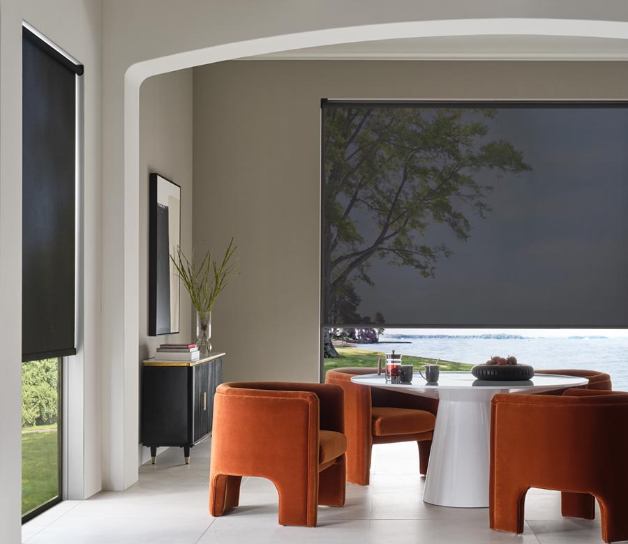 black-hunter-douglas-designer-screen-shades-for-large-windows-in-modern-dining-room-creative-blinds black screen shades in dining room with orange chairs