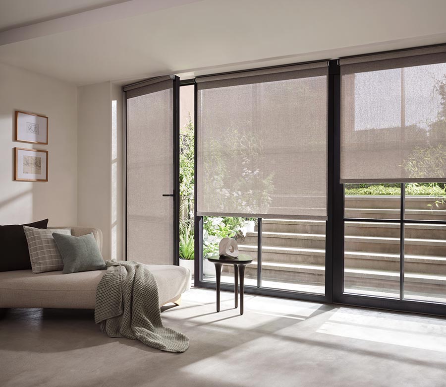 sheer-grey-designer-screen-shades-with-handle-creative-blinds gray screen shades for living room to reduce uv and filter light